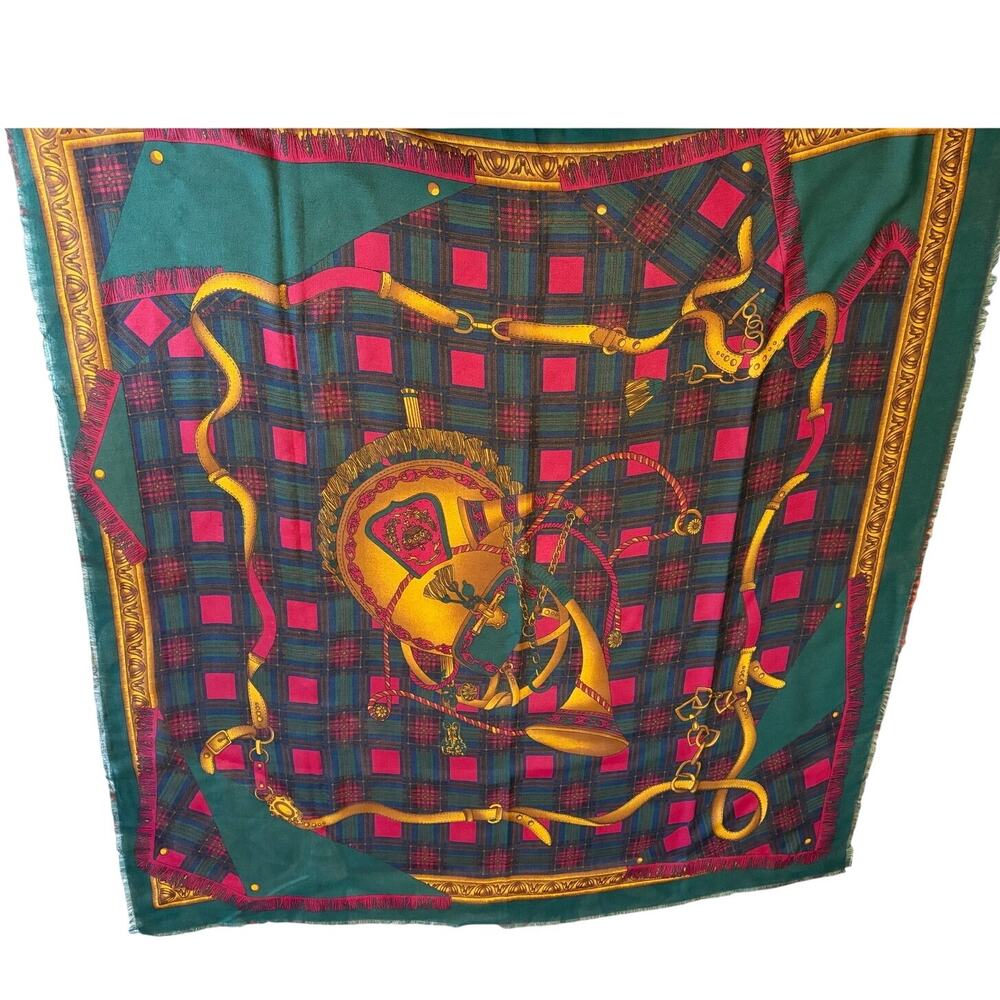 Vintage Baar & Beards Equestrian Scarf Wrap Italp Plaid Saddel 45"x50"
